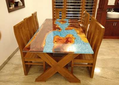 Epoxy resin dinning table
Size:  7 X 3.5 feet
Thickness: 1 inch
Color: Sky blue pearl pigment
Wood: Indian almond