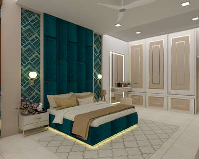 The master bedroom i designed for my newly married friend
whose demand was to include peacock green in his room 
well we did it great with the colour scheme
we have the 3d pictures and actually picture of master bedroom after completion
#MasterBedroom #LUXURY_INTERIOR #BedroomDecor #peacockgreen
#InteriorDesigne #BathroomDesigns