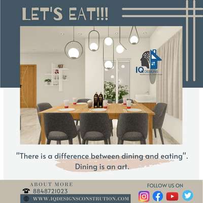 “The
dinner hour is a sacred, happy time when everyone should be together and relaxed.”
www.iqdesignsconstruction.com
CONTACT : 8848721023
#builders #building #buildings #construction #constructionequipment #architecture #architect #besthouses #topbuildings #kerala #homedecor #house #2ddesign #3ddesign #permit #interiordesign #2delectricalservices