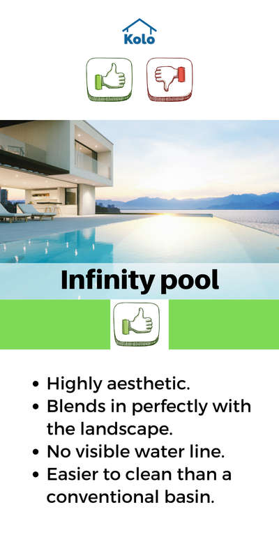 Go for a beautiful modern aesthetic with an Infinity Pool
Tap to view both pros and cons about Infinity Pools
Learn about both sides of a building element with our new series.

Learn tips, tricks and details on Home construction with Kolo Education 👍 
If our content has helped you, do tell us how in the comments ⤵️ 
Follow us on @koloeducation to learn more!!!

#education #architecture #construction #building #interiors #design #home #interior #expert
#koloeducation #proscons #infinitypool #swimmingpool