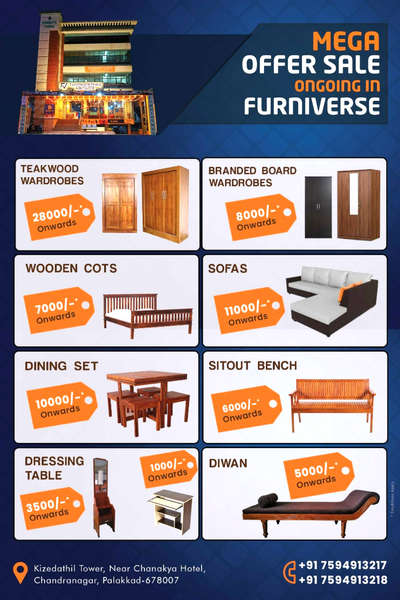 Mega offer sale in Furniverse palakkad.... pick ur fav furnitures in affordable price with huge discount... only at palakkad..


#furnitures #Palakkad #palakkaddiaries #Palakkadan #Furnishings #Sofas #cot #dining #LivingroomDesigns #WoodenBeds #booksshelf #sitoutchair