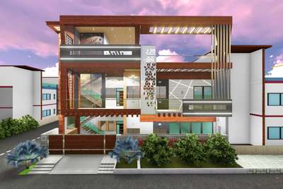 #Front #3design #3Dexterior #ElevationDesign #homeelevation #GlassBalconyRailing #jali #Pargola #profilelight_ #HPL