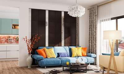 Get this simple modern living room with comfortable seating, vibrant cushions and printed curtain. Add pots, 
vases and lamps to decorate your space.#interior #decor #ideas #home #interiordesign #indian #colourful #decorshopping