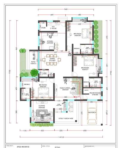 3bhk residential plan#2013sqft#singlr storey#bedrooms with dressing and attached bathroom#dining with patio#