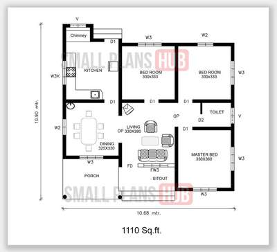 1110 sq floor plan