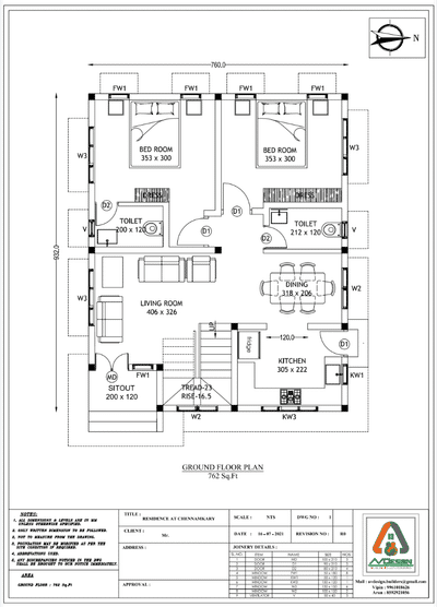 Residence for 762 sq.ft including sit out + hall + kitchen + 2 bedroom with one attached and common toilet.