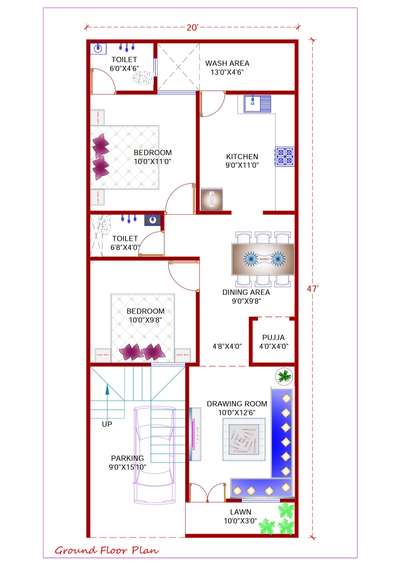 Floor plan for 22'×47' East Facing #FloorPlans