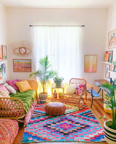 Give your home a luminous make-over with this colouful cushions and carpets. Use white sheer curtains, large leafy plants and eye-catching eye wall decor to balance the look.
#interior #decor #ideas #home #interiordesign #indian #colourful #decorshopping