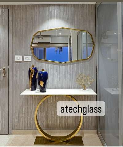 SS Golden Design Freme In Fixed Looking Mirror With Stone Table ( Console Set )