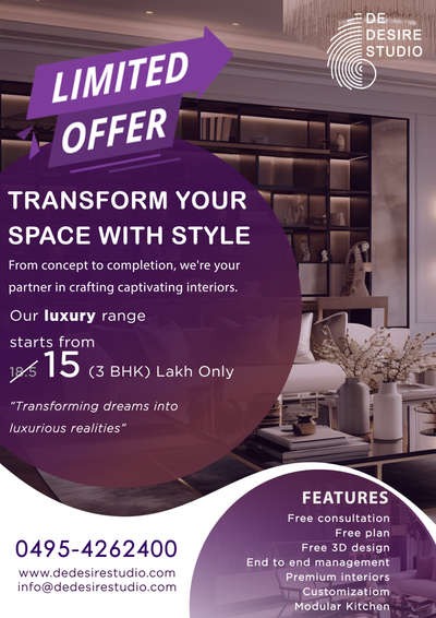 Limited-time offer! Get premium interiors starting from just Rs. 15 lakh. Don't miss out on this opportunity to create your dream home! Free consultation, free plan, and free 3D design included! Call us today to book your free consultation on 0495-4262400

#interiordesign #homedesign #sale #discount #kochi #kerala #limitedtimeoffer #dedesirestudio