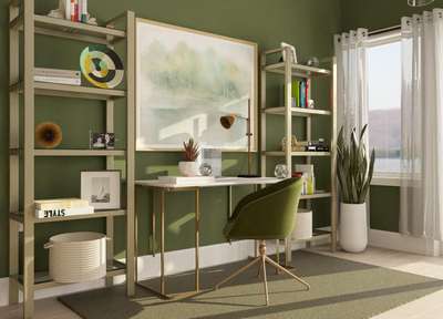 Create this clean ,well organised green and white office space with a desk , chairs, shelves and indoor plants. Also the walls painted in a light green colour provides a calm and composed atmosphere for work.#interior #decor #ideas #home #interiordesign #indian #colourful#decorshopping
