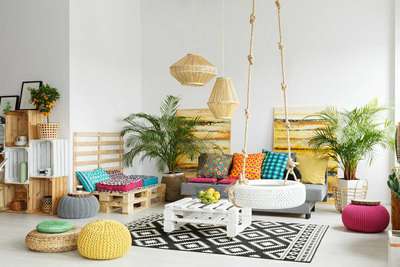 A pallet is a fun item to DIY with. Create a centre table, seating and storage with it and top it with colourful cushions, Add a black and white rug to balance out the colour. Add Ottomans and large palm plants to complete the look.
#interior #decor #ideas #home #interiordesign #indian #colourful #decorshopping