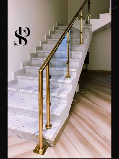Golden Steel Handrail (Railing) with Glass 
#reilling #fabricated #Staircase 
#FABRICATION&WELDING #fabricators #StaircaseDecors #Interior Designer #CivilEngineer #Contractor #Civil Engineer #engineering