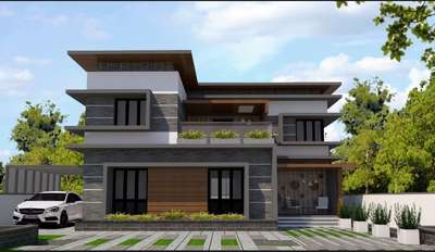 A modern elevation for the proposed residence of 1900 sq ft at Thiruvananthapuram