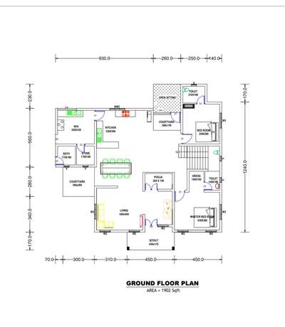 2 BHK house plan with courtyard