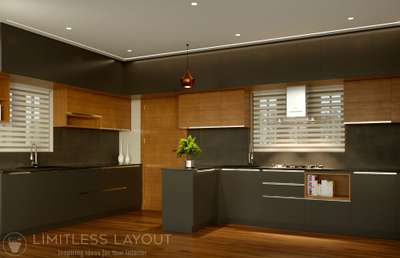 kitchen wood & grey combination with wooden floor