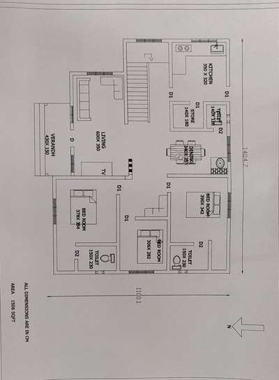 1500 sqft home plan with 3 bed room