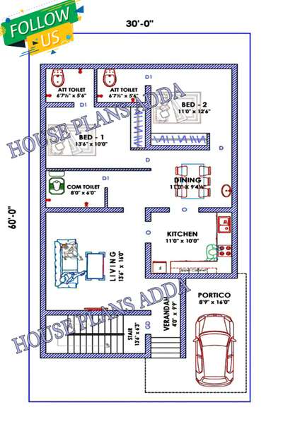 30'×60' House Plan | 2BHK Floor Plan with parking | For more info Google:- HOUSE PLANS ADDA & Join our Facebook Page:- HOUSE PLANS ADDA  #FloorPlans #2BHKHouse #SmallHouse #1500sqftHouse
