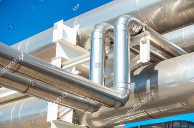 Air Chiller Pipeline and HVAC System installation of Overhead Building Structure of Air Conditioning Chiller Pipe and Outlet.