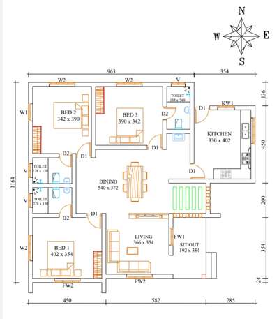 #ContemporaryHouse plan #1500sqftHouse #30LakhHouse #3bedrooms #vaasthu measurements