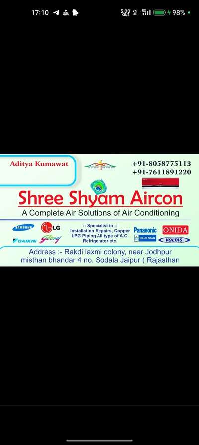 All type air conditioning work
1. copper pipe line
2. LPG gas pipeline
3. Ac fitting
4. Gas filling
5. Old and Ac sale and percase 
6. Leak master