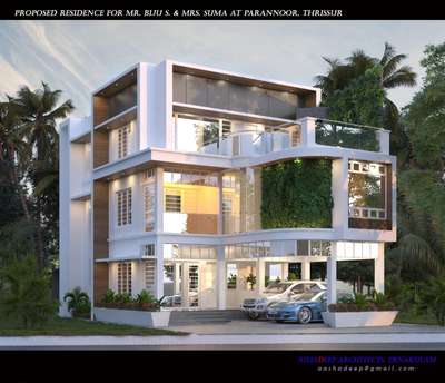 Residence 5600 Sft. in Thrissur. 5 Bed with attached toilet. Home theatre, Party area, Roof top swimming pool with landscaped terrace.