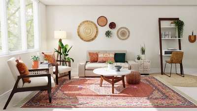 Add a pastel boho charm to your room with these products: boho cushions, handmade wicker wall plates, a round wooden coffee table, a tripod floor lamp, a handwoven jute rug, an ottoman, and a lot of plants. #interior  #decor  #ideas  #home  #interiordesign  #indian  #colourful #decorshopping
