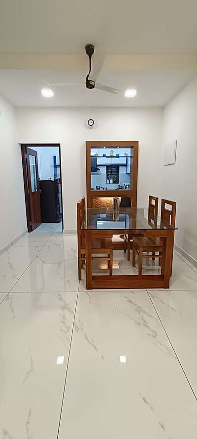 Dining Area.
Wooden rectangular dining table and chairs (Acacia wood), white tile with black shades, Fan(Atomberg renesa), Lights. #RectangularDiningTable  #SmallKitchen