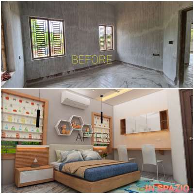 Before and after view of a kids bedroom.