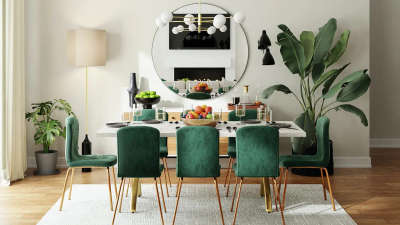 Create this attractive and beautiful dining area with white table having metal finished leg, velvet chairs, off-white curtains and a simple rug. Use a large round mirror, a brass chandelier with globe lights and a simple floor lamp to add light to the room. Place plants in the corners of the room to decorate your space. #interior #decor #ideas #home #interiordesign #indian #colourful #decorshopping