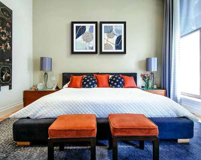 Blue and orange is a powerful combination and a unique one for the bedroom. Get this look easily by adding throw pillows of these colours in alternating sequence. Hang a wall art or frame in blue matching the look. Use seating in orange to balance the look.
#interior #decor #ideas #home #interiordesign #indian #colourful #decorshopping