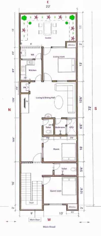 3BHK House plan long area Aerodynamic design