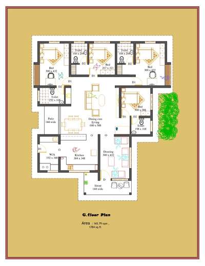 North facing house plan...4 bed room...attached bathroom....spacious dining cum living....open kitchen .....it include patio with glass door separation... chuttu : 80 kole 8 ( vasthu ).....area <1800 sq.ft.... # # #