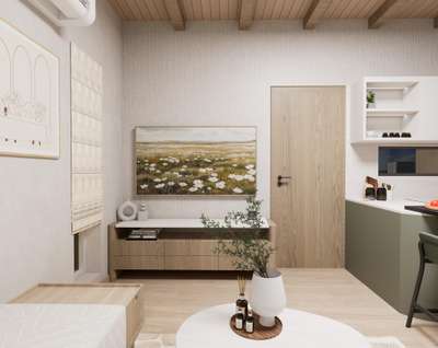 Shizen- A japandi theme inspired interiors for an compact residence. 

 #LivingroomDesigns  #KitchenIdeas  #BedroomDecor  #BedroomDesigns