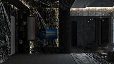 Dark theme Bedroom Design
(22'-4.5"*13'-4.5")
 #BedroomDesigns #FalseCeiling #Architectural&Interior #floatingbeddesign #FlooringDesign #tvunits #WALL_PANELLING #stonedesigns #rafters #revolve #emergersinterior