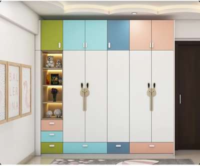 Modern 5 Door White Swing Wardrobe Design With Multicoloured Loft Storage And Drawer Units
