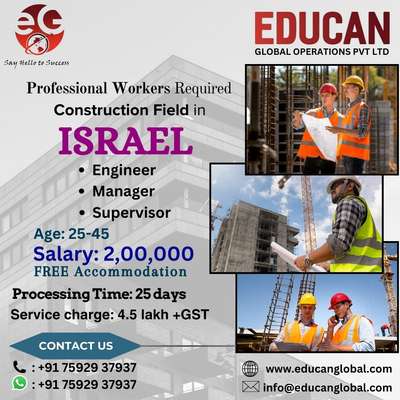 Urgently required! 
for construction field in ISRAEL

* Engineer
* Manager
* Supervisor
* Welder
* Formworkers
* Iron Benders
* Ceramic Tiler
* Plasterer

please contact the number mentioned in the post for more details. 

  #constructionsite #CivilEngineer  #manager  #supervisor  #constructioncompany  #sitesupervisor  #ceramicrooftile  #ceramictile  #plastering   #israelurgentvacancy