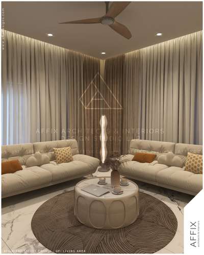 A cozy contemporary living space shaped by symmetry and soft layering—where plush seating, a sculptural center table, and a textured rug create a grounded focal point. Full-height drapes wrap the corners, enhancing depth and intimacy, while warm lighting and neutral tones bring a calm, inviting ambiance. The design reflects modern comfort with a refined, lounge-like character. #Architect  #architecturedesigns  #Architectural&Interior  #best_architect  #kerala_architecture  #LivingRoomSofa  #LivingRoomDecors