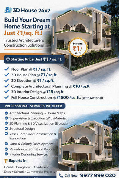 🏡 Build Your Dream Home at an Affordable Price!
✔️ Floor Plan @ ₹1 / sq. ft.
✔️ 3D House Plan @ ₹1 / sq. ft.
✔️ 3D Elevation @ ₹1 / sq. ft.
✔️ Complete Architectural Planning @ ₹10 / sq. ft.
✔️ 3D Interior Design @ ₹15 / sq. ft.
✔️ House Construction @ ₹1500 / sq. ft.
✨ Experts in House, Bungalow, Apartment, Shop, School & Commercial Designs
👉 View Our Work:
🌐 www.3dhouse.co.in

3D House 24x7 – Trusted Architecture & Design Solutions