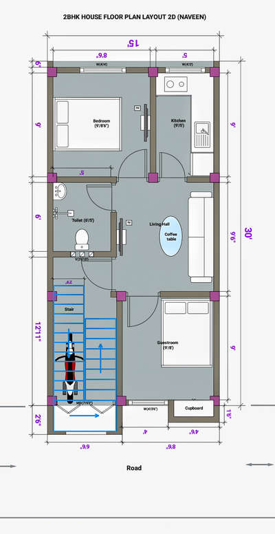 2BHK House floor Plan layout 2D Laxury Model