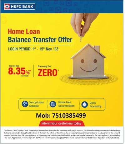 HOME LOAN BALANCE TRANSFER OFFER

Processing Fee ZERO#

Interest Rate 8.35%*

Mob : 7510385499
Email : info@homeloanadvisor.in
Website : www.homeloanadvisor.in