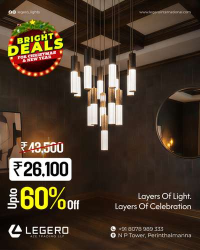 This season, let your space glow a little brighter ✨

Our festive deals are here to turn everyday interiors into celebration-ready statements.
From elegant chandeliers to mood-defining lights, enjoy premium designs at irresistible prices.
Up to 60% off — because a shining season deserves lighting that truly stands out. ✨

 Visit Legero and bring home the glow that makes celebrations feel complete.

#LegeroLight#BrightDeals
#FestiveLighting