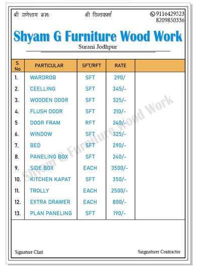 furniture labour rate per sqft
