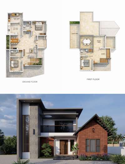 This design showcases a modern two-storey residence that blends clean contemporary lines with a touch of traditional warmth.The façade is split into two contrasting volumes:A sleek modern block featuring stone cladding, large vertical glazing, and a flat roof with minimalist detailing.A warm gabled volume finished in textured red brick, adding character and grounding the overall appearance


 #ProposedResidentialProject  #Architect  #architecturedesigns  #budgethomes  #budgethomeplan