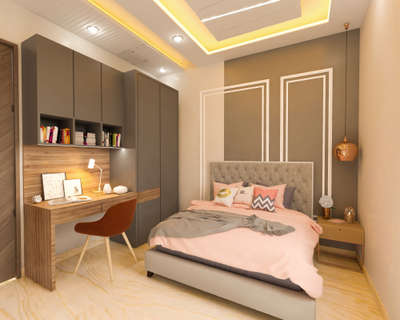 KIDS BEDROOM
#BedroomDecor #studytable  #WoodenBeds  #FalseCeiling #profilelights  #FlooringSolutions  #WardrobeIdeas  #TexturePainting  #moldings