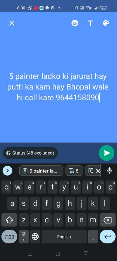 5 painter ladko ki jarurat hay     putti ka kam hay Bhopal wale hi call kare 9644158090