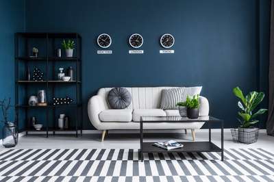 Make a stylish statement with a classic and sophisticated navy blue living room. Perfectly balanced, this collection features warming neutrals and refreshed off-whites as flawless partners to the deeper navy hue. Get this look with off-white sofa, black wall-clocks, black coffee table, and a black & white rug.
#interior #decor #ideas #home #interiordesign #indian #colourful #decorshopping