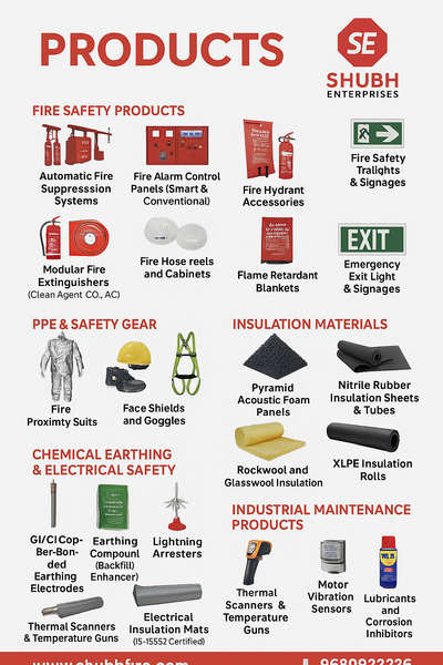 🔥 Fire Safety Products
1. Automatic Fire Suppression Systems
2. Fire Alarm Control Panels (Smart & Conventional)
3. Modular Fire Extinguishers (Clean Agent, CO₂, ABC)
4. Fire Hose Reels and Cabinets
5. Smoke and Heat Detectors
6. Fire Hydrant Accessories (Nozzles, Couplings, Branch Pipes)
7. Flame Retardant Blankets
8. Emergency Exit Lights & Signages
PPE & Safety Gear

9. Fire Proximity Suits
10. Safety Helmets, Shoes, and Harnesses
11. Face Shields and Goggles
12. Reflective Safety Jackets
Insulation Materials

13. Pyramid Acoustic Foam Panels
14. Nitrile Rubber Insulation Sheets & Tubes
15. Rockwool and Glasswool Insulation
16. XLPE Insulation Rolls
⚡ Chemical Earthing & Electrical Safety

17. GI/CI Copper-Bonded Earthing Electrodes
18. Earthing Compound (Backfill Enhancer)
19. Lightning Arresters
20. Electrical Insulation Mats (IS 15652 Certified)