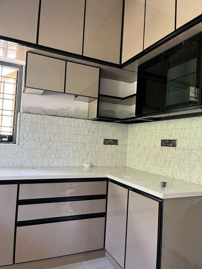 aluminium kitchen cupboard 
black aluminium profile with beige colour 3mm pvc laminat  #KitchenCabinet  #aluminiumwork  #aluminiumkichen