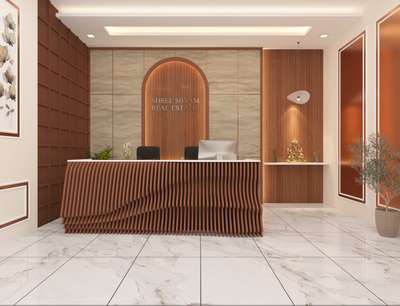 RECEPTION AREA OF SHREE SHYAM REAL ESTATE 
SIZE :- 15'-2" x 15'-7"
 #parametricdesigns #receptiontable #receptiondesign #backpaneling #FalseCeiling #mouldingart